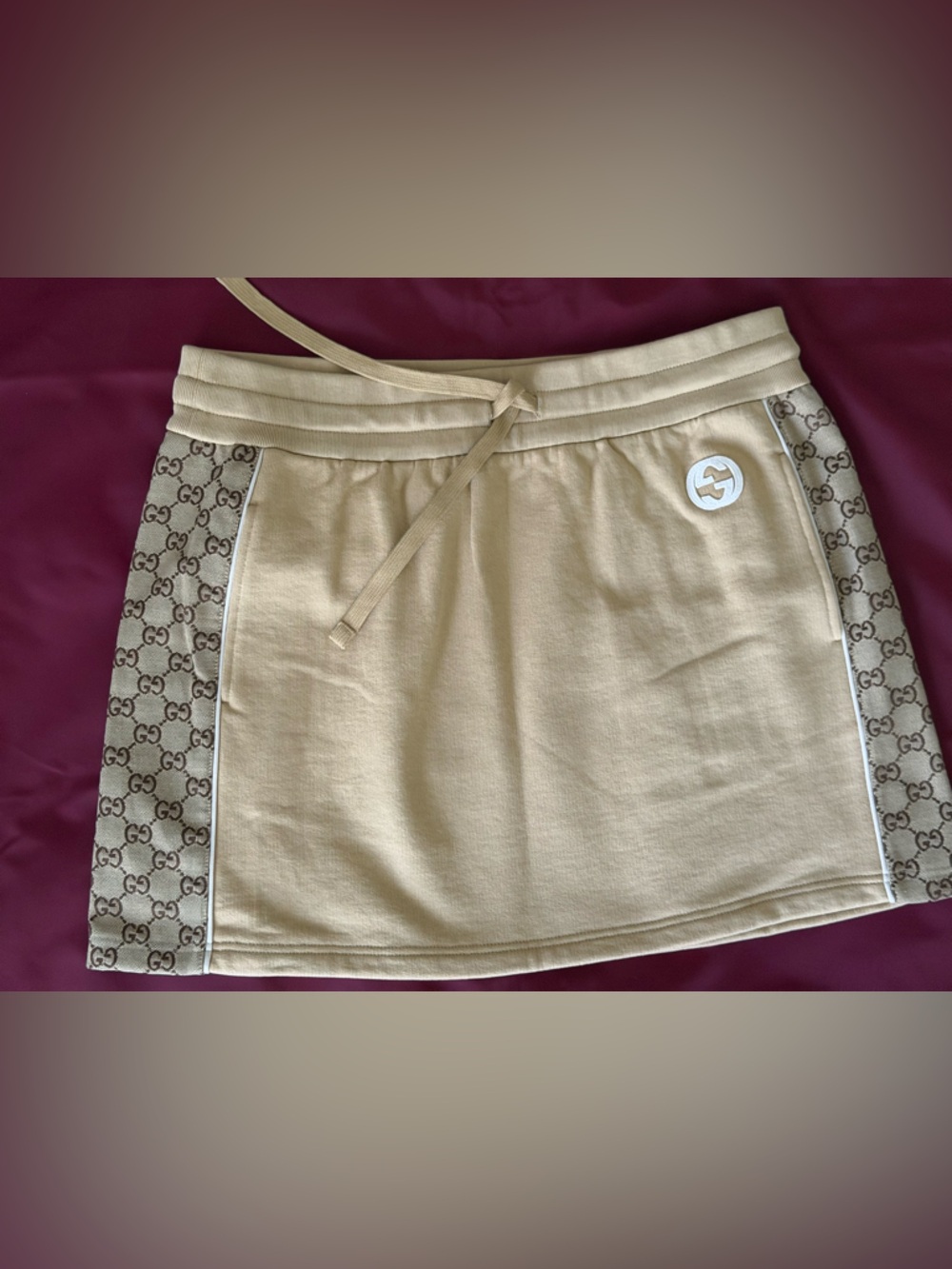 Gucci GG Beige Drawstring Logo-Trim Short Skirt XL NWT